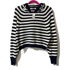 AMERICAN EAGLE Navy White Striped Knit Hooded Cropped Sweater Size S Small NWT